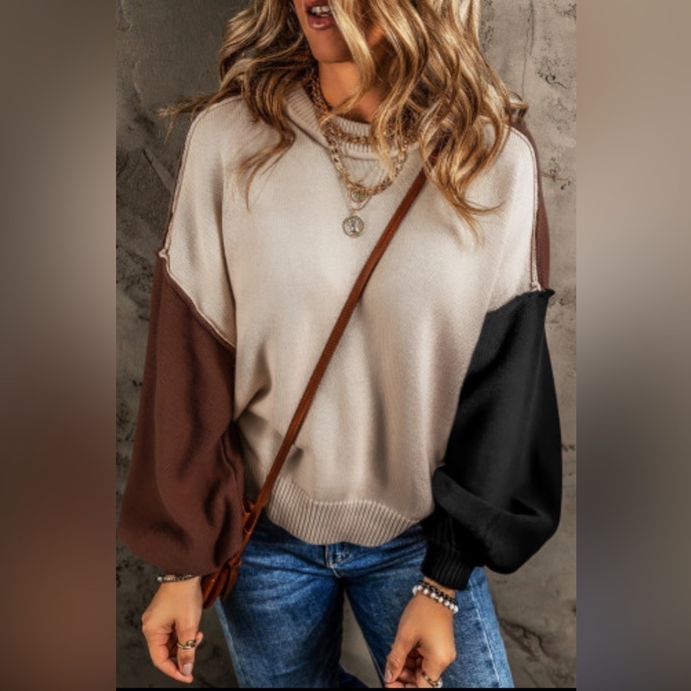 NEW Brown Black and Tan Colorblock Bishop Sleeve Sweater